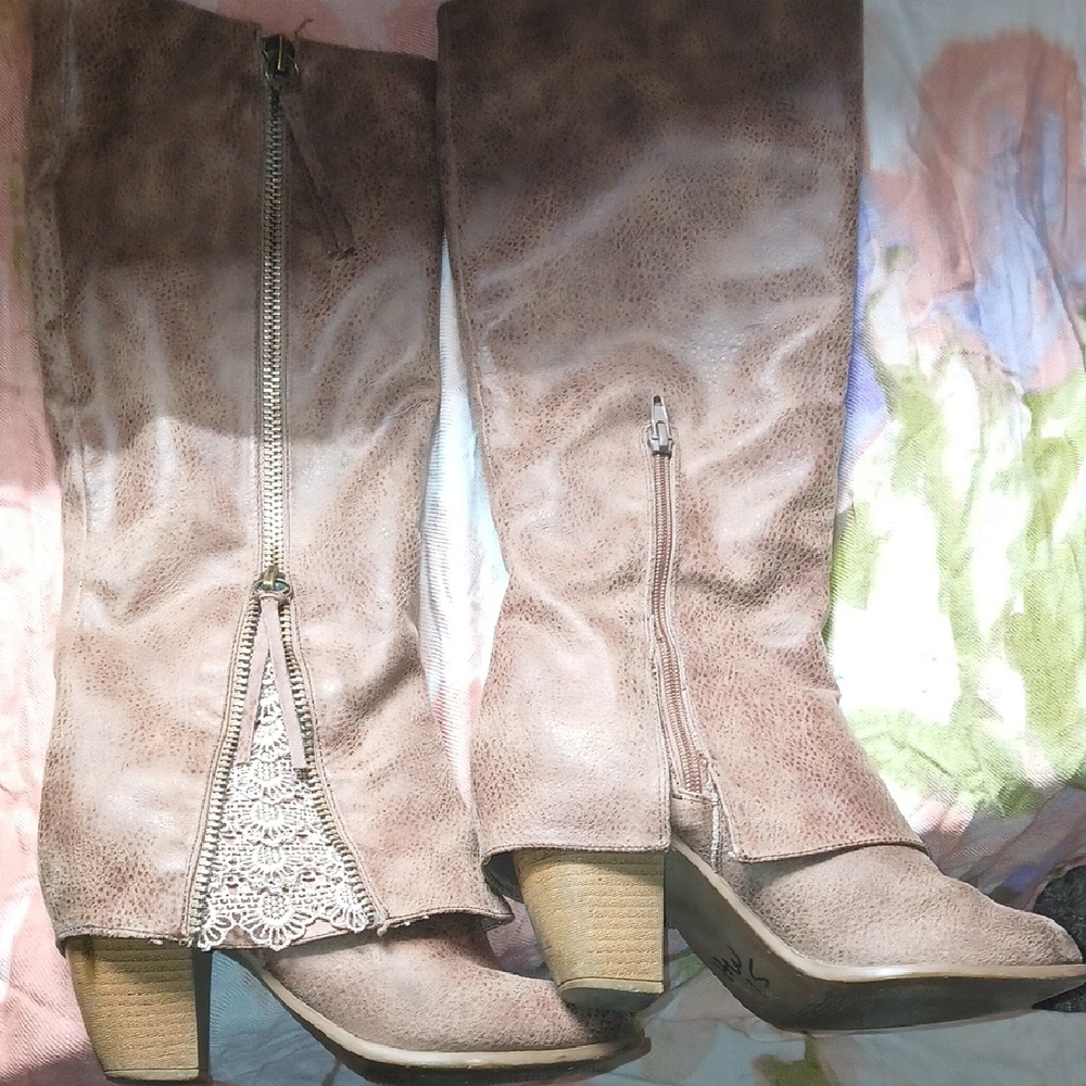Not Rated Tan Heeled Boots with Lace Accent